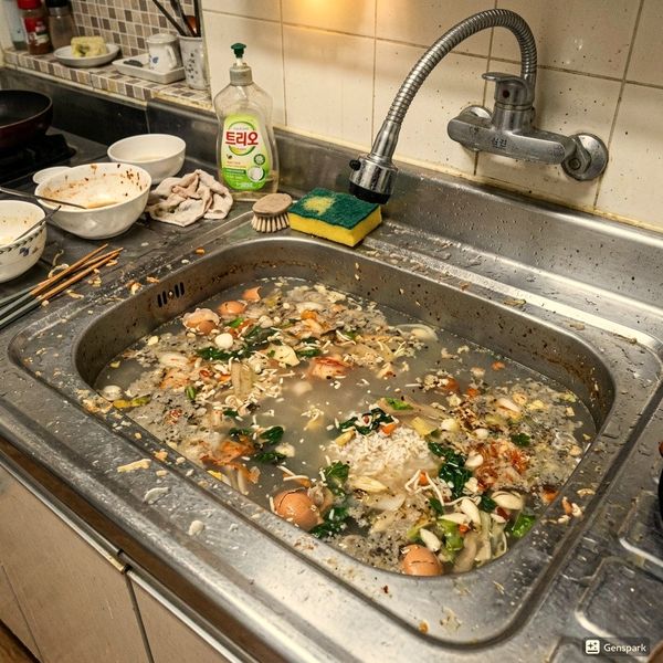 주방 음식물처리기 배수 연결 시 배관 주의사항 현장사진 1